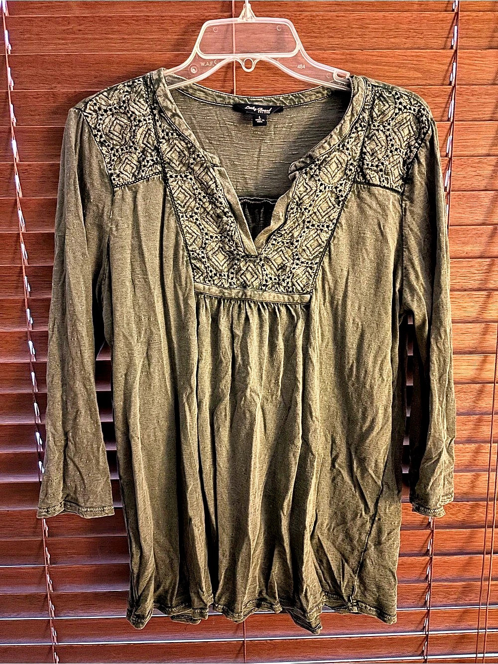 Lucky Brand Embroidered Olive Tunic 3/4 sleeve Size Large